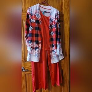 Women's Red Festive Snowflakes And Plaid. Tank, Pants And Cover 3 Pc. Set (C03)